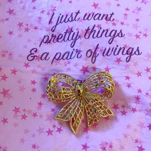 Jeweled Gold Tone Bow Brooch